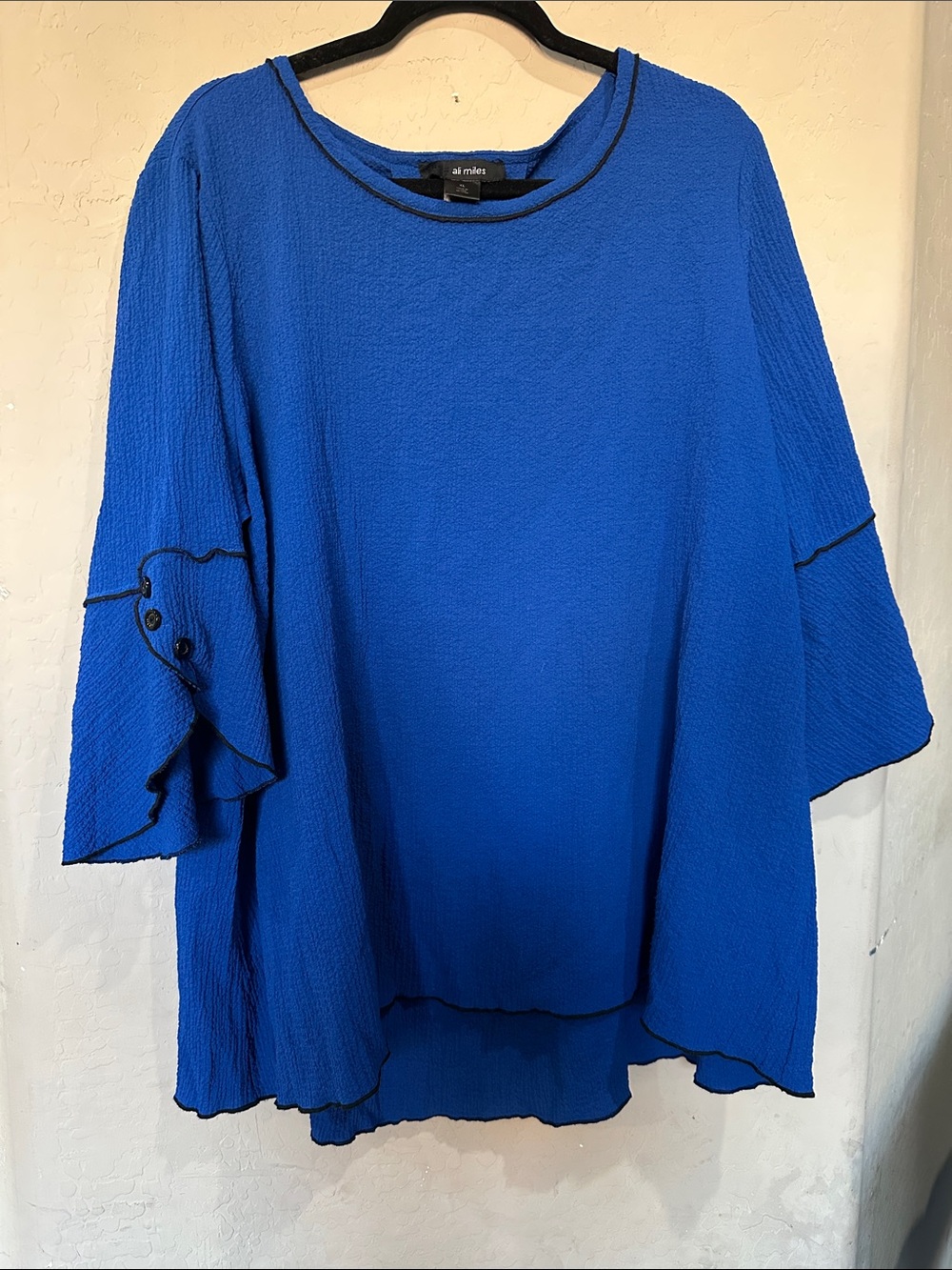 Ali Miles Royal Blue Ruffle-Sleeve Tunic with Black Trim